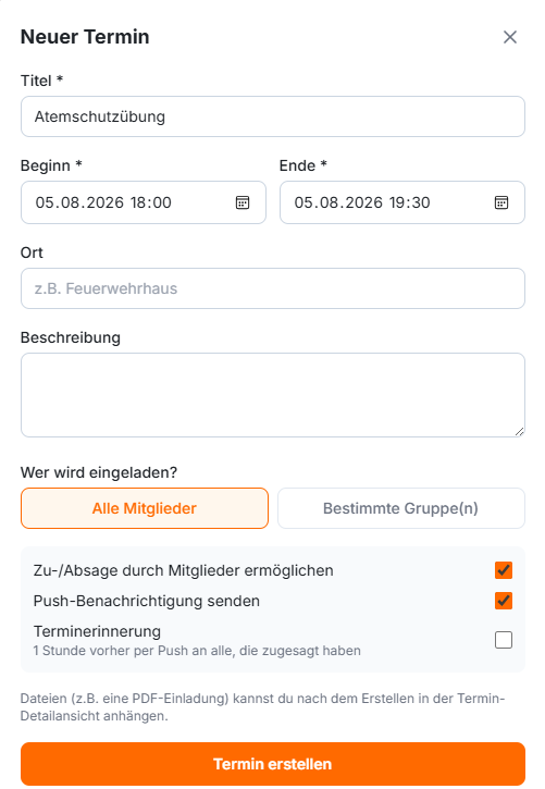 Neuen Termin in FireAdmin anlegen