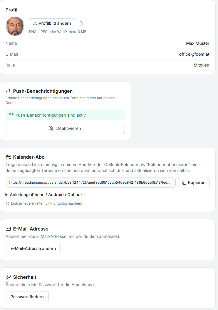 Push-Benachrichtigungen und Kalender-Abo in FireAdmin